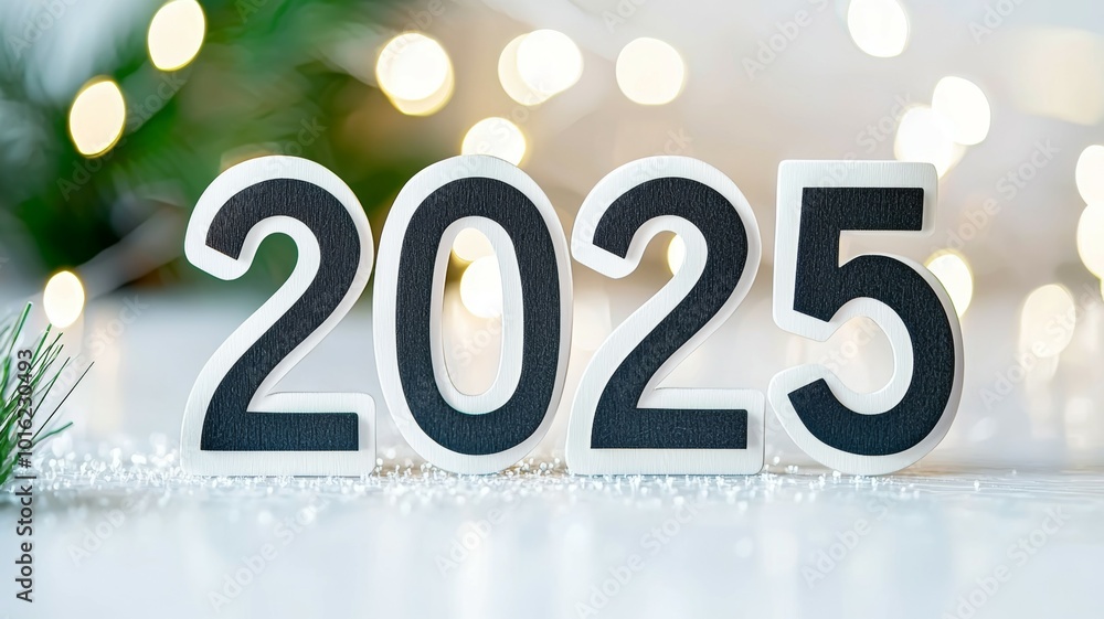 Poster decorative wooden numbers representing the year 2025 displayed on a white surface with a soft bokeh 