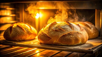 Golden Loaves Emerging from the Oven, Steam Rising in a Dance of Heat and Flour