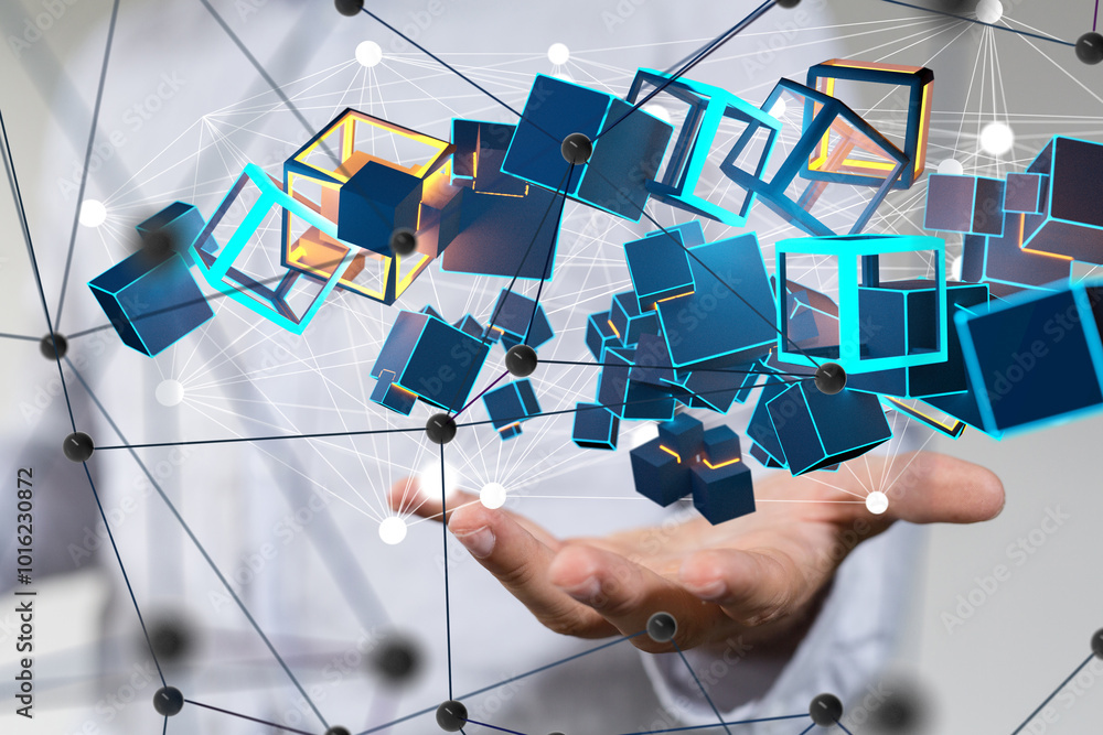 Aufkleber network holding in hand 3d connection data