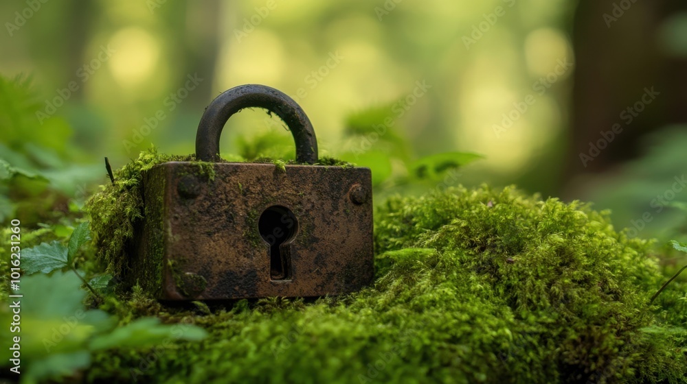 Poster rustic lock and key nestled in a bed of green moss in a forest setting