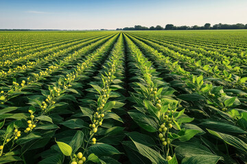 Extensive field of green plants with yellow fruits growing in parallel rows under a clear blue sky, featuring lush foliage and a horizon of distant trees.
