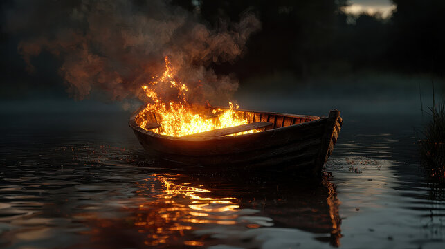 In the dark, an old wooden boat is ablaze, reflecting shimmering flames on the calm water, presenting a striking and powerful visual scene of destruction.