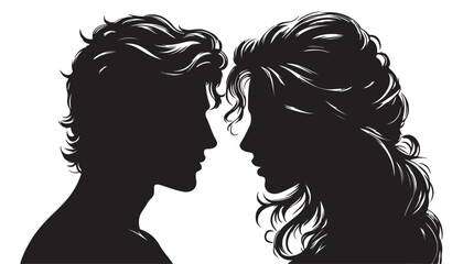 Man and woman silhouette face to face vector illustration black and white art