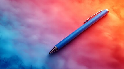 a blue pen on a colorful background