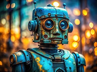 Closeup of a Worn Blue Robot with Bokeh Effect, Mechanical Features Highlighted for Futuristic Imagery