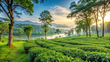 Naklejka premium Green tea garden of Assam in Golaghat tea plantations