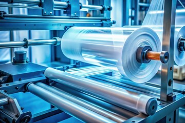 Naklejka premium Closeup of Automatic Polyethylene Plastic Bag Production Machine in Light Blue Setting for Product Packaging