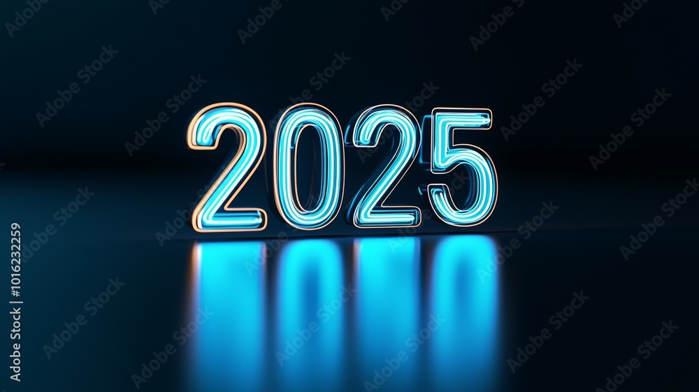 Poster dynamic representation of the year 2025 illuminated with blue light against a dark backdrop, creatin