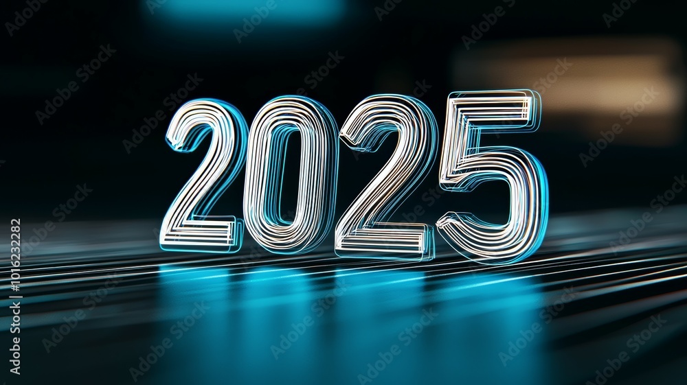 Poster brightly illuminated numbers representing the year 2025 create a futuristic atmosphere in a dark set