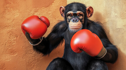An ape with red boxing gloves, posing like a champion.