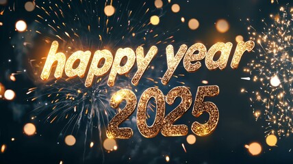 Celebratory fireworks lighting up the night sky along with sparkling text wishing a happy year 2025 as people gather for New Year's festivities