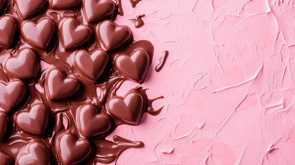 Fototapeta premium Chocolate heart shaped candies melting on a pink textured stone background. St. Valentines day background.