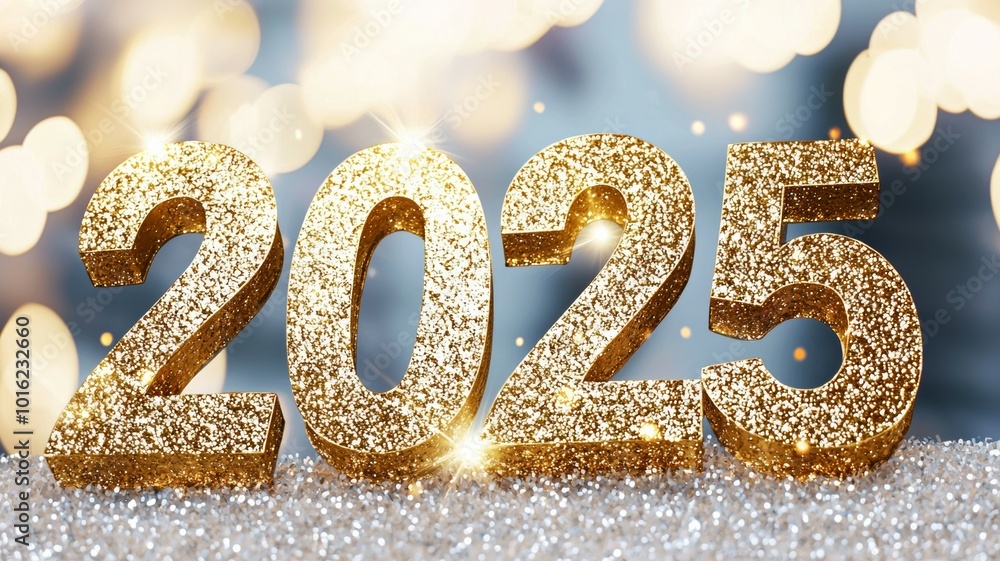 Aufkleber golden 2025 numbers surrounded by soft bokeh lights on a sparkling surface, capturing the essence of