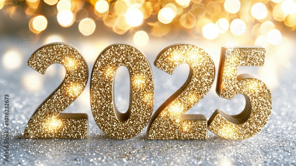 Poster celebratory display of sparkling golden digits representing the year 2025 with bright bokeh lights i
