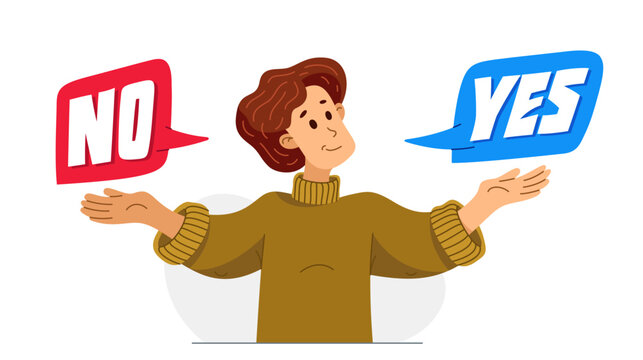 Young man having a doubt and question, vector illustration of a person who is hesitating and thinking about some problem, decide uncertainty.