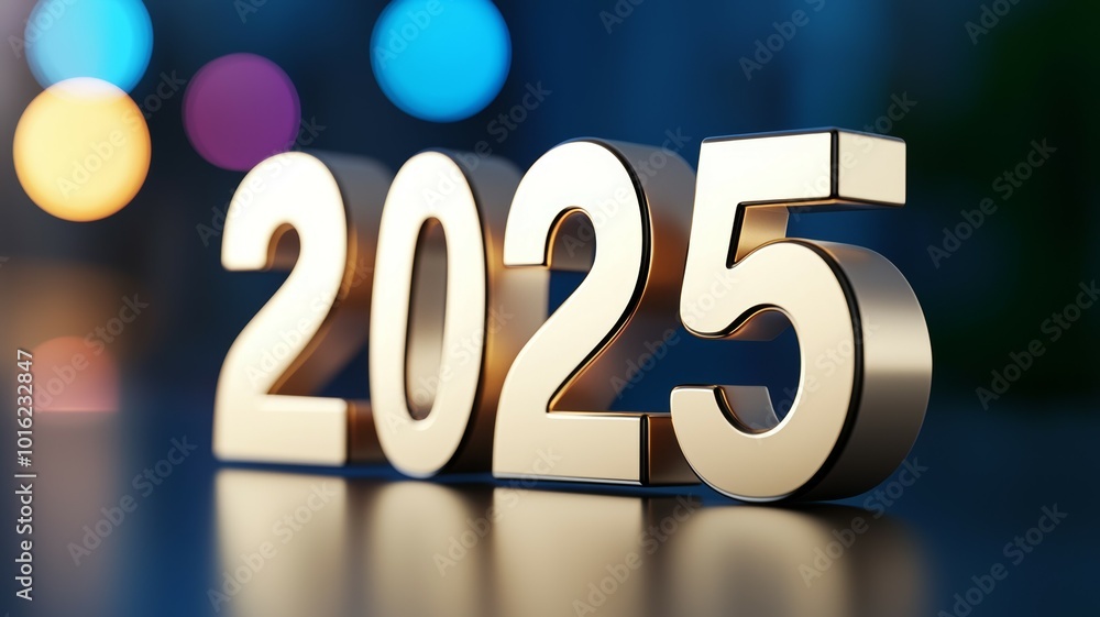 Poster golden numbers representing the year 2025 illuminated by colorful lights, showcasing a futuristic th