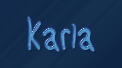 Water bubble 3D text effect of name Karla 0n blue background.	