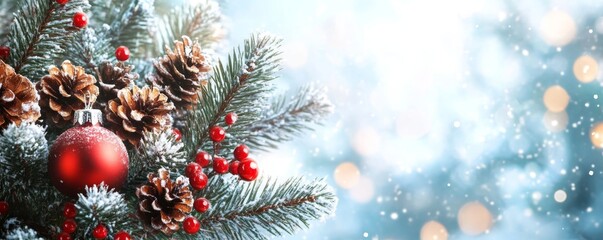 Fototapeta premium Christmas Eve decorations with abstract defocused bokeh background. banner, ai generated