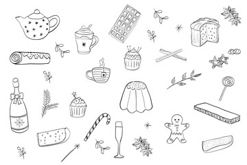 Hand-Drawn Christmas Doodle Set. Festive Black and White Holiday Illustrations