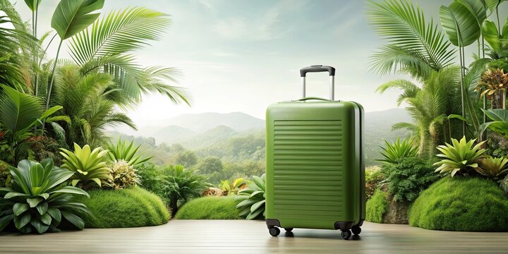 Green travel suitcase with exotic plants on white background