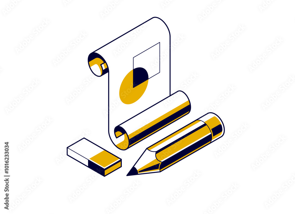 Poster engineering project concept, paper document blueprint with pencil engineer work job vector 3d isomet