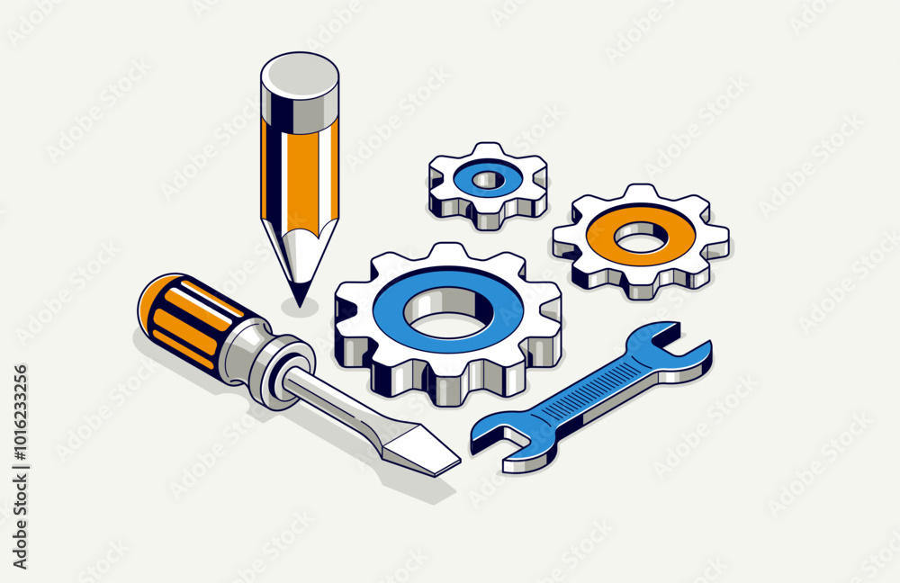 Poster engineering project in embodiment implementation concept, engine work progress, gears and cogs with 