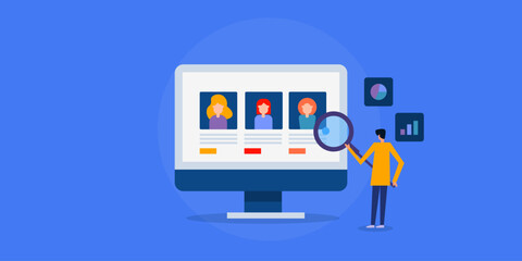 Customer profile analysis, user information and database monitoring, businesspeople examine client data for e-marketing campaign, vector illustration.