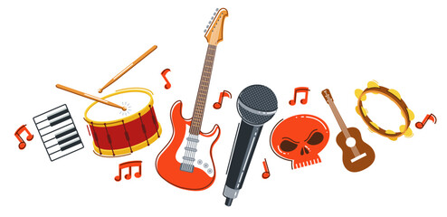 Rock music band vector flat illustration isolated over white background, hard rock and heavy metal live sound festival or concert, rock n roll musical band playing, night club party.
