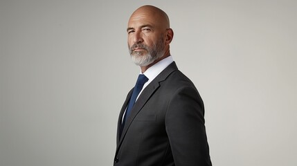 Man in suit with blue tie stands confidently against beige background. Mature adult with beard and balding head looks serious and focused. Formal attire, executive style, corporate pro.