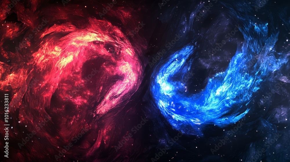 Poster dynamic red and blue fire swirls on a black background, abstract multicolored design featuring a sto