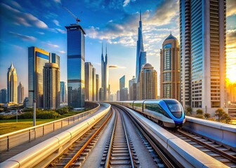 Obraz premium Dubai Metro Train on Bridge with Upscale Skyline - Modern City Infrastructure Photography