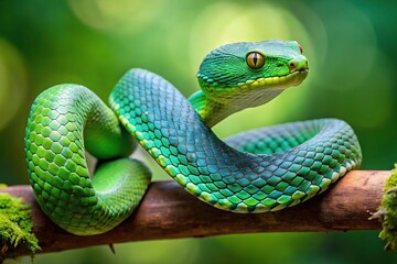 Obraz premium Green viper Trimeresurus alborabris slithering on a tree branch