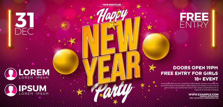 Happy New Year 2025 Party Banner Flyer Template Illustration with 3d Typography Lettering and Christmas Ball on Red Background. Vector New Year Eve Celebration Holiday Design. Premium Invitation or