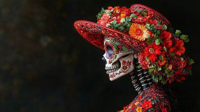 A vibrant skeleton adorned with floral decorations, ideal for Day of the Dead celebrations, evoking joy and remembrance in a festive atmosphere.