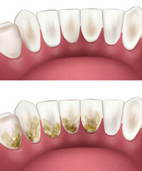 Deep Teeth Cleaning. Before and After. Teeth whitening concept. Debridement dental. Dental plaque tartar