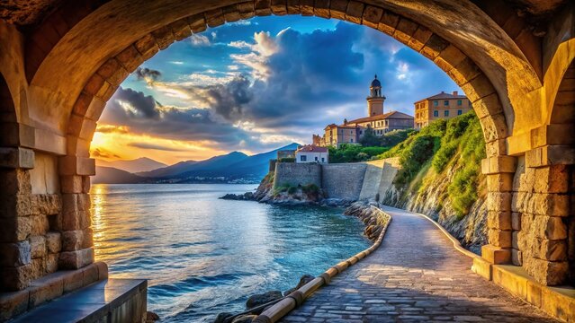 Entrance Tunnel to LAldilonda: Scenic Walkway Along Corsican Coast Near Bastia Citadel