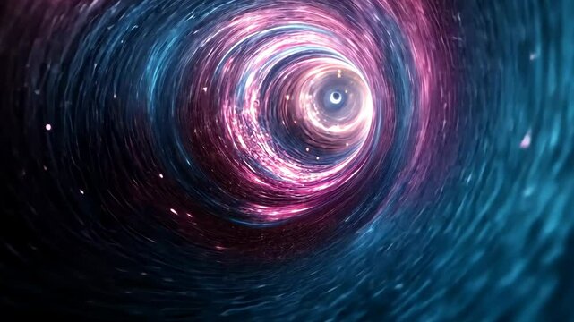 A swirling vortex of pink and blue light creates a mesmerizing tunnel through space