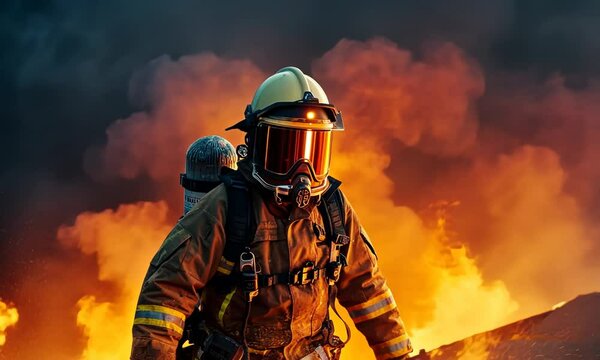 A firefighter is standing in front of a burning building Video