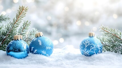 Blue Christmas Ornaments Resting in a Snowy Winter Landscape