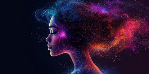 Naklejka premium A woman's face, surrounded by colorful, glowing particles, appears to be made of light and energy.