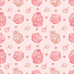 Cute cartoon cupcakes with seamless pattern. Hand-drawn sweets.