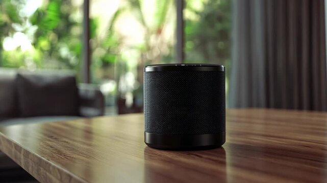 A black speaker sits on a wooden table in front of a large window