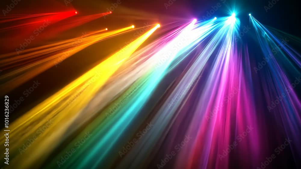 Poster colorful light beams radiate across a dark background, creating a vibrant and dynamic display