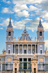 Facade and exterior architecture in the Almudena Cathedral, Madrid, Spain