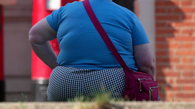 An unidentifiable fat obese person sitting down on a public street as people pass by