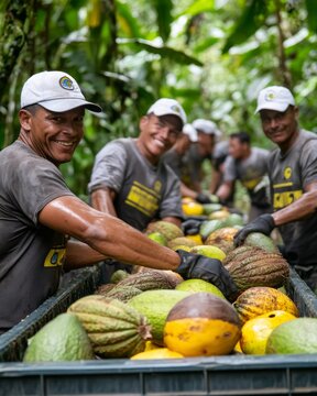 A group of smiling workers harvest cacao pods in a lush plantation, exuding teamwork and dedication to their craft and the environment.