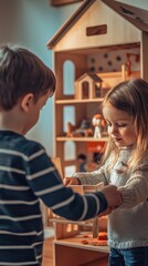 Two children interact joyfully while arranging toys inside a wooden dollhouse together