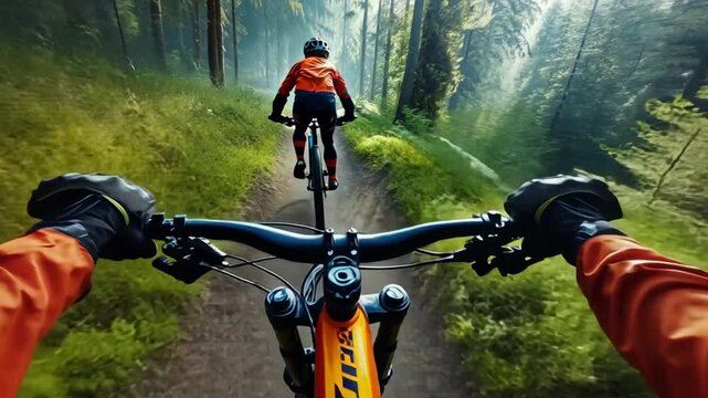 Downhill mountain bikers speeding through forest trails, tackling jumps and sharp turns in a fast-paced, extreme biking adventure
