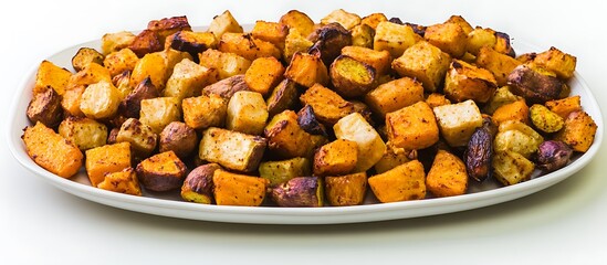 A platter of golden roasted root vegetables, seasoned and arranged neatly on a white background,