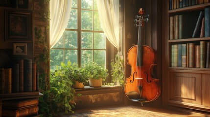 A beautifully crafted violin hanging on a wall of a cozy music room, with soft natural light